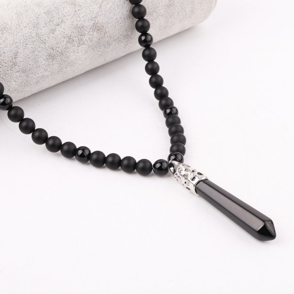 Mens Black Onyx Healing Crystal Pendant Necklace